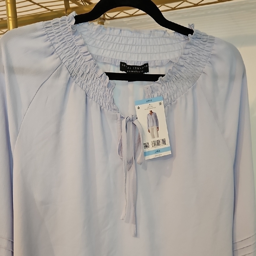 Sanctuary Light Blue Blouse, Smocked Necline, Long Sleeve, Sz L, NWT